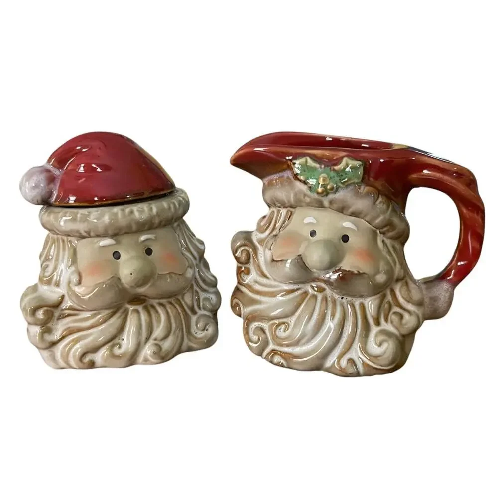 Holiday Santa Ceramic Creamer and Sugar Set Retro Look New